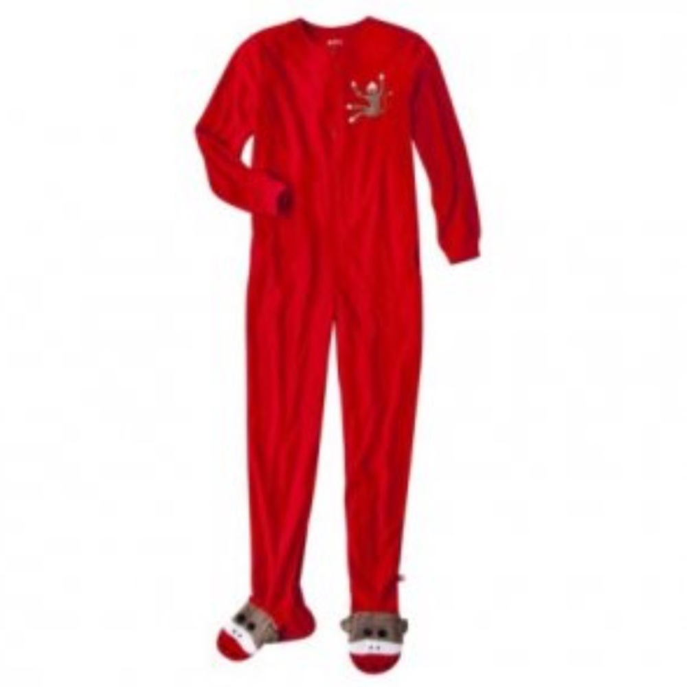 💋Nick & Nora Embroidered Zip Up Sock Monkey Red Onesie Footie Pajamas